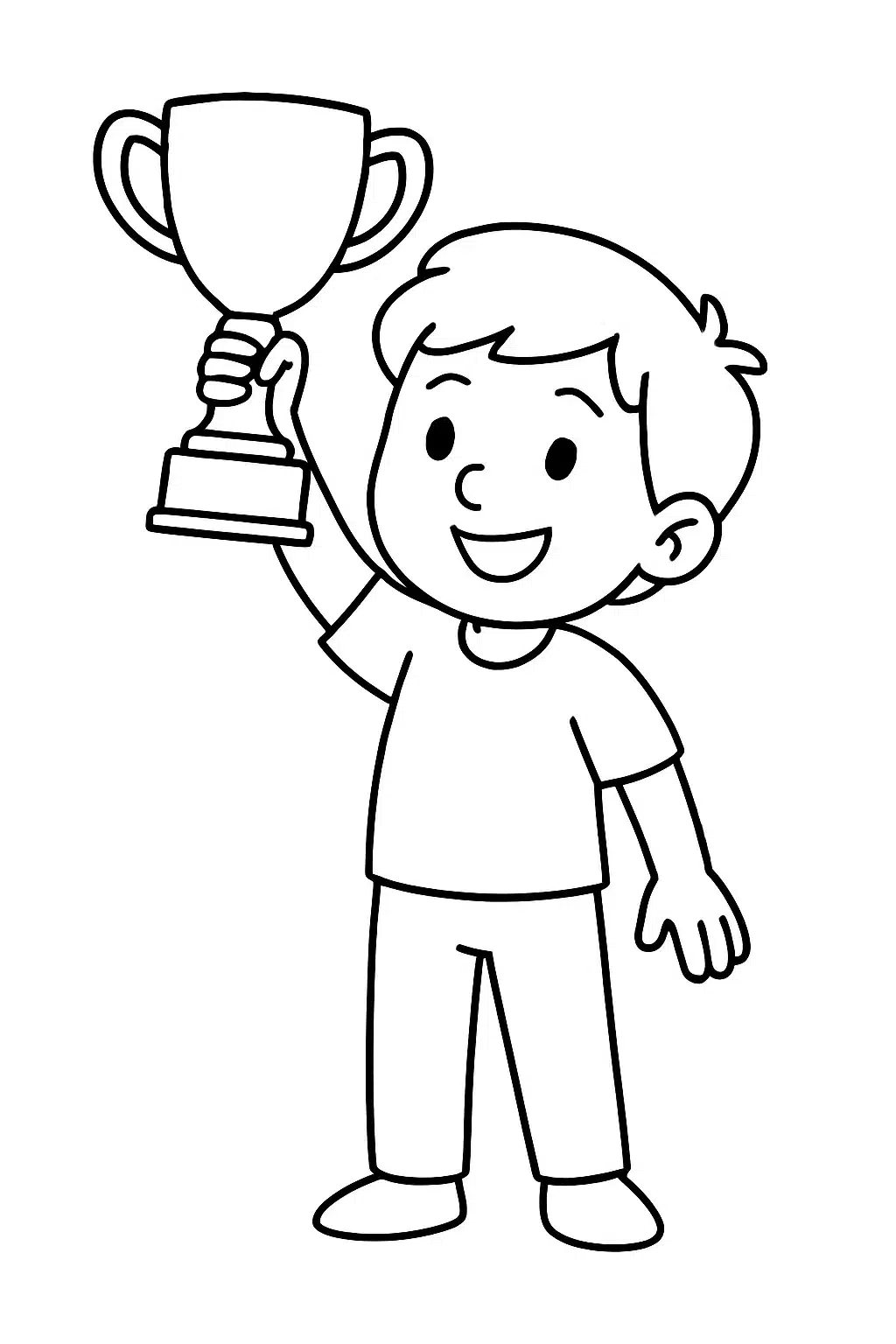 coloriage fortnite, personnage brandissant son trophée, page de coloriage en noir et blanc à contours épais.