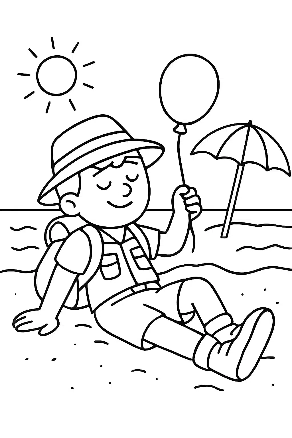 coloriage fortnite personnage se relaxant à la plage, page de coloriage en noir et blanc à contours épais.