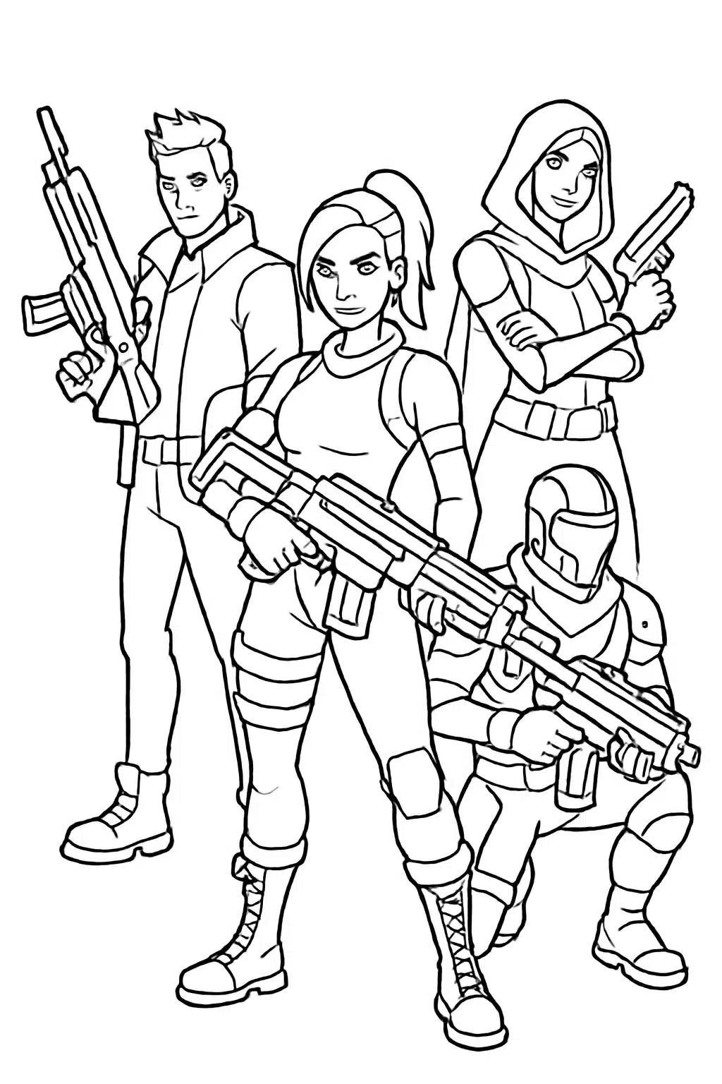 coloriage fortnite avec des personnages armés, page de coloriage en noir et blanc à contours épais.