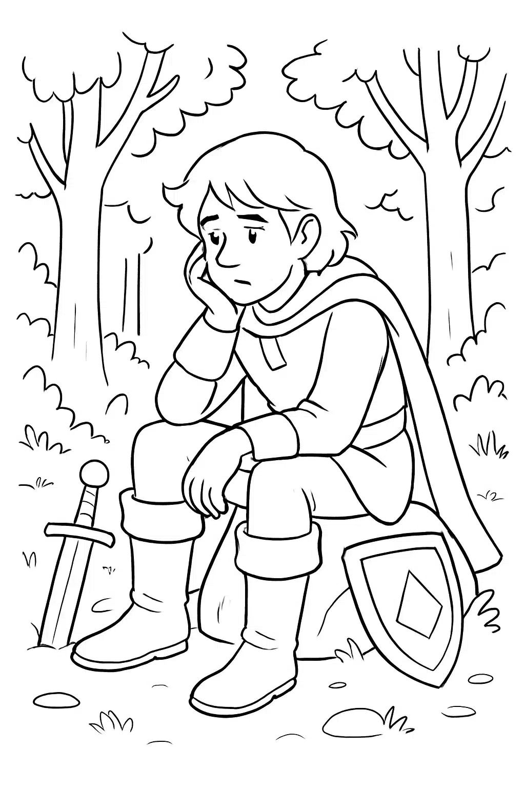 coloriage fortnite personnage réfléchissant après une quête, page de coloriage en noir et blanc à contours épais.