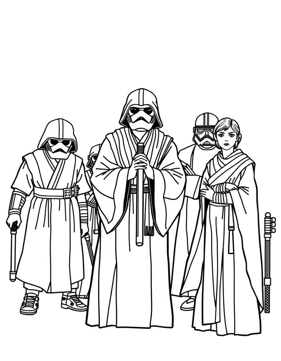 coloriage star wars Jedi rassemblés pour une cérémonie, page de coloriage en noir et blanc à contours épais.