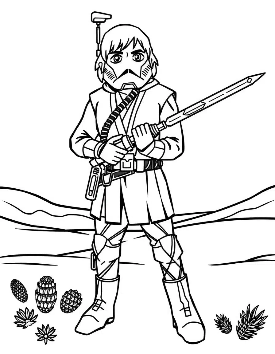 coloriage star wars avec Luke Skywalker prêt au combat, page de coloriage en noir et blanc à contours épais.