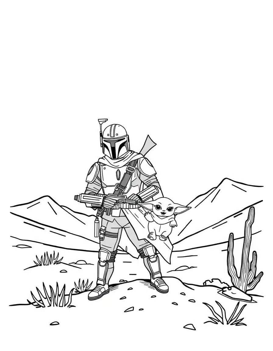 coloriage star wars Mandalorian posant avec bébé Grogu, page de coloriage en noir et blanc à contours épais.