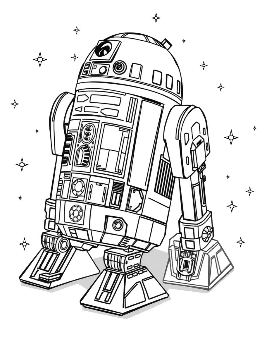 coloriage star wars R2-D2 inspectant une station spatiale, page de coloriage en noir et blanc à contours épais.