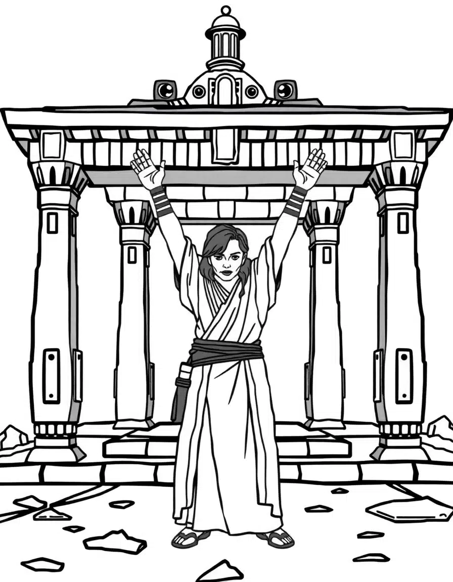 coloriage star wars Rey se connectant à la Force, page de coloriage en noir et blanc à contours épais.
