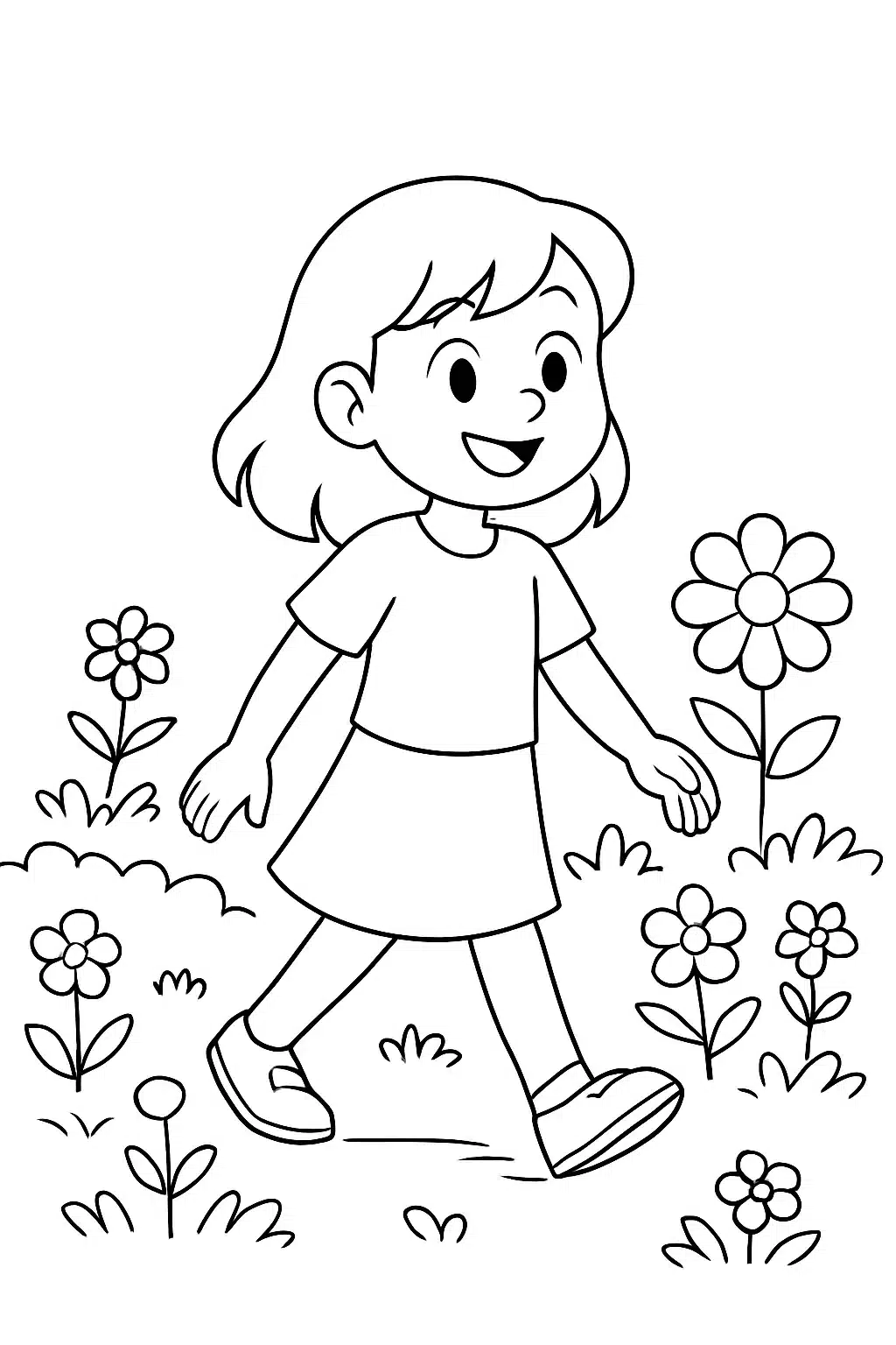 coloriage sonic, Amy se promène joyeusement dans un jardin, page de coloriage en noir et blanc à contours épais.