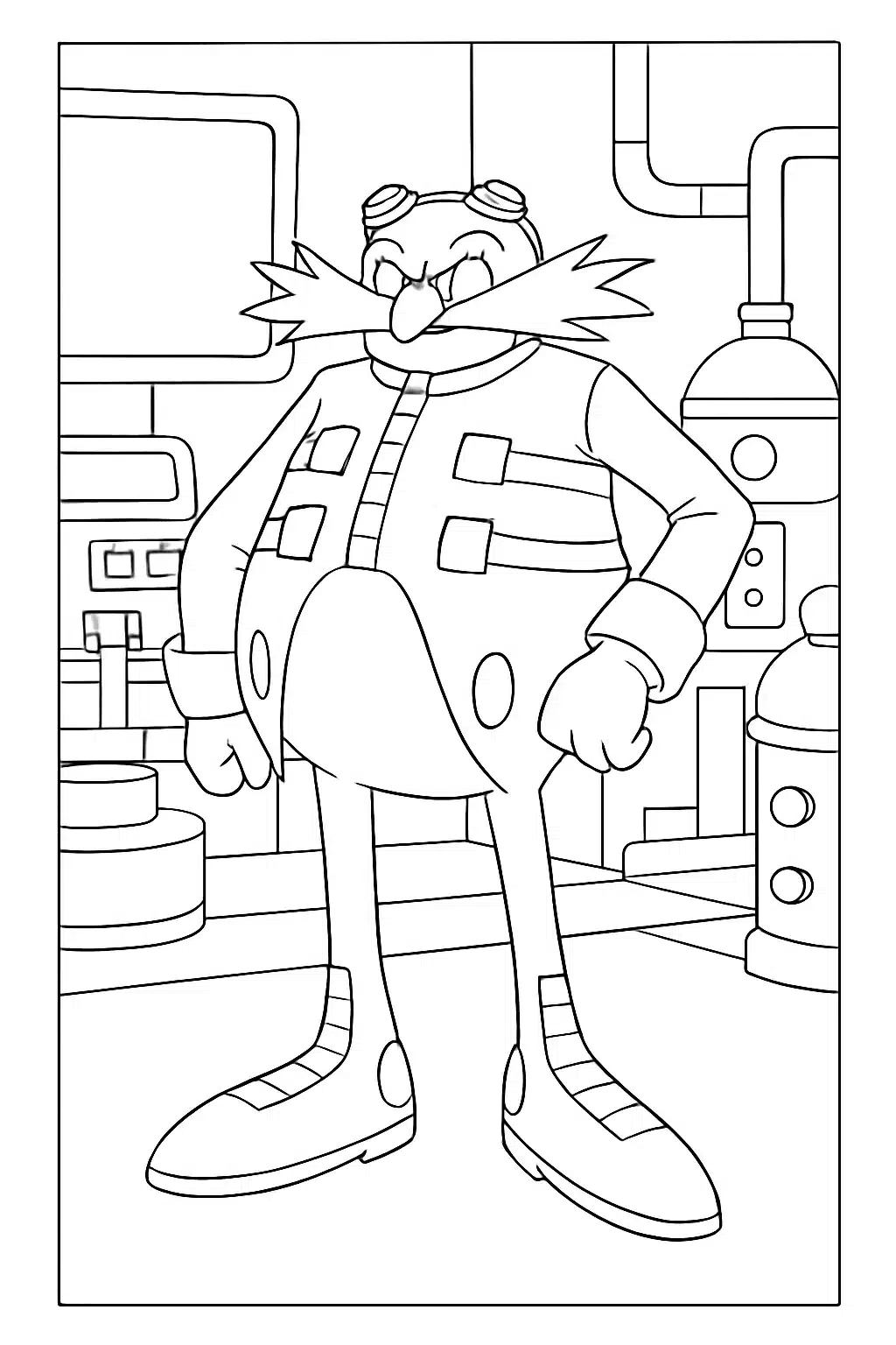 coloriage sonic avec Dr Eggman dans son laboratoire, page de coloriage en noir et blanc à contours épais.