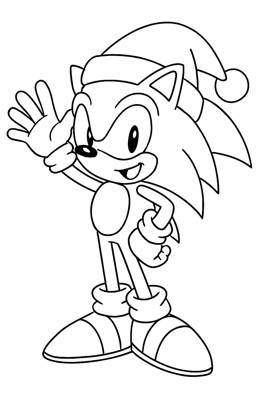 coloriage sonic célébrant Noël avec un bonnet du Père Noël, page de coloriage en noir et blanc à contours épais.