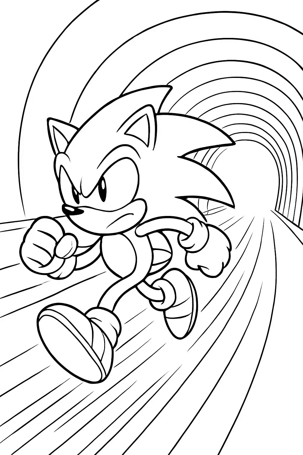 coloriage sonic file à toute vitesse, page de coloriage en noir et blanc à contours épais.