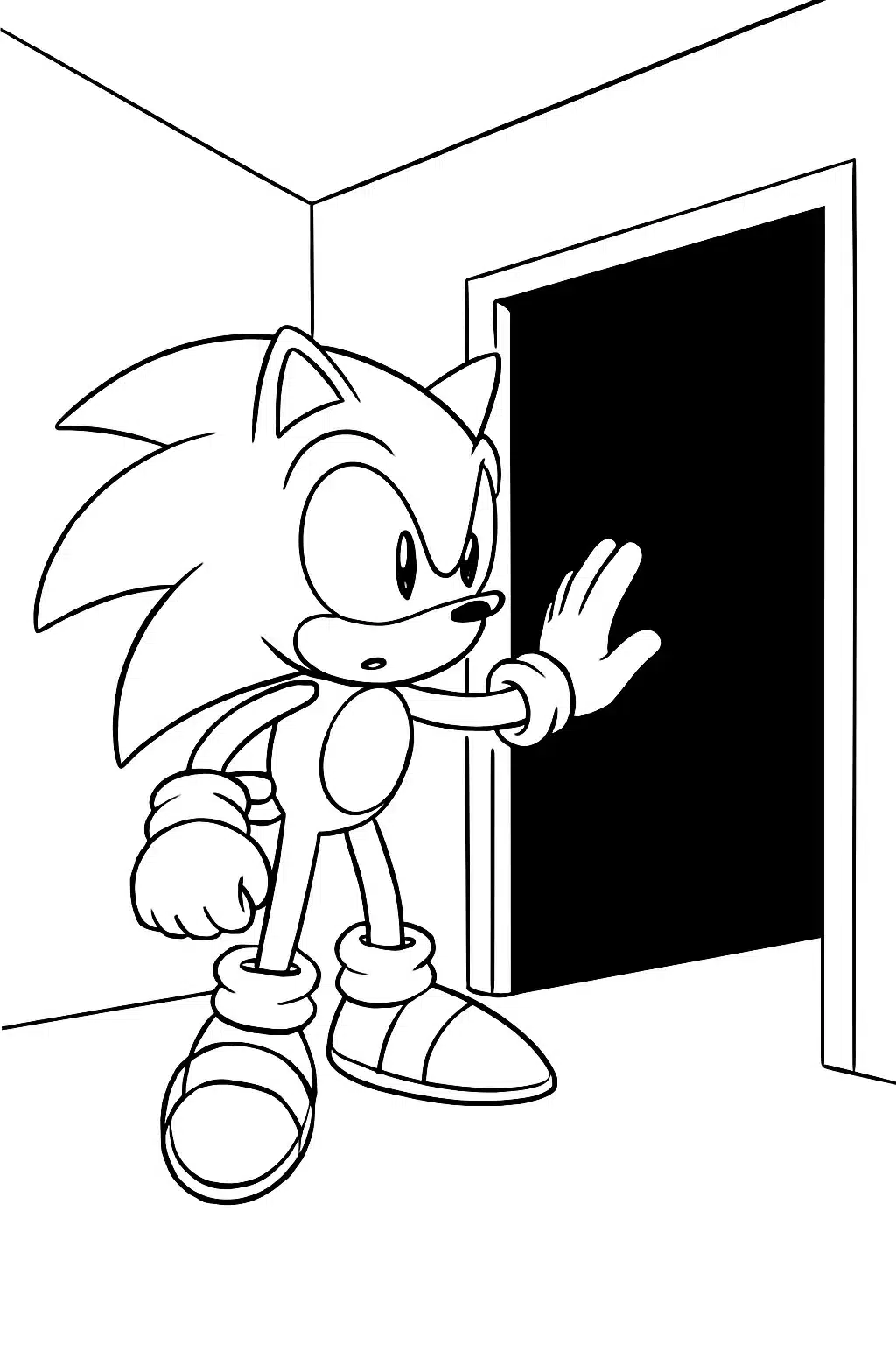 coloriage sonic inspectant une pièce sombre, page de coloriage en noir et blanc à contours épais.