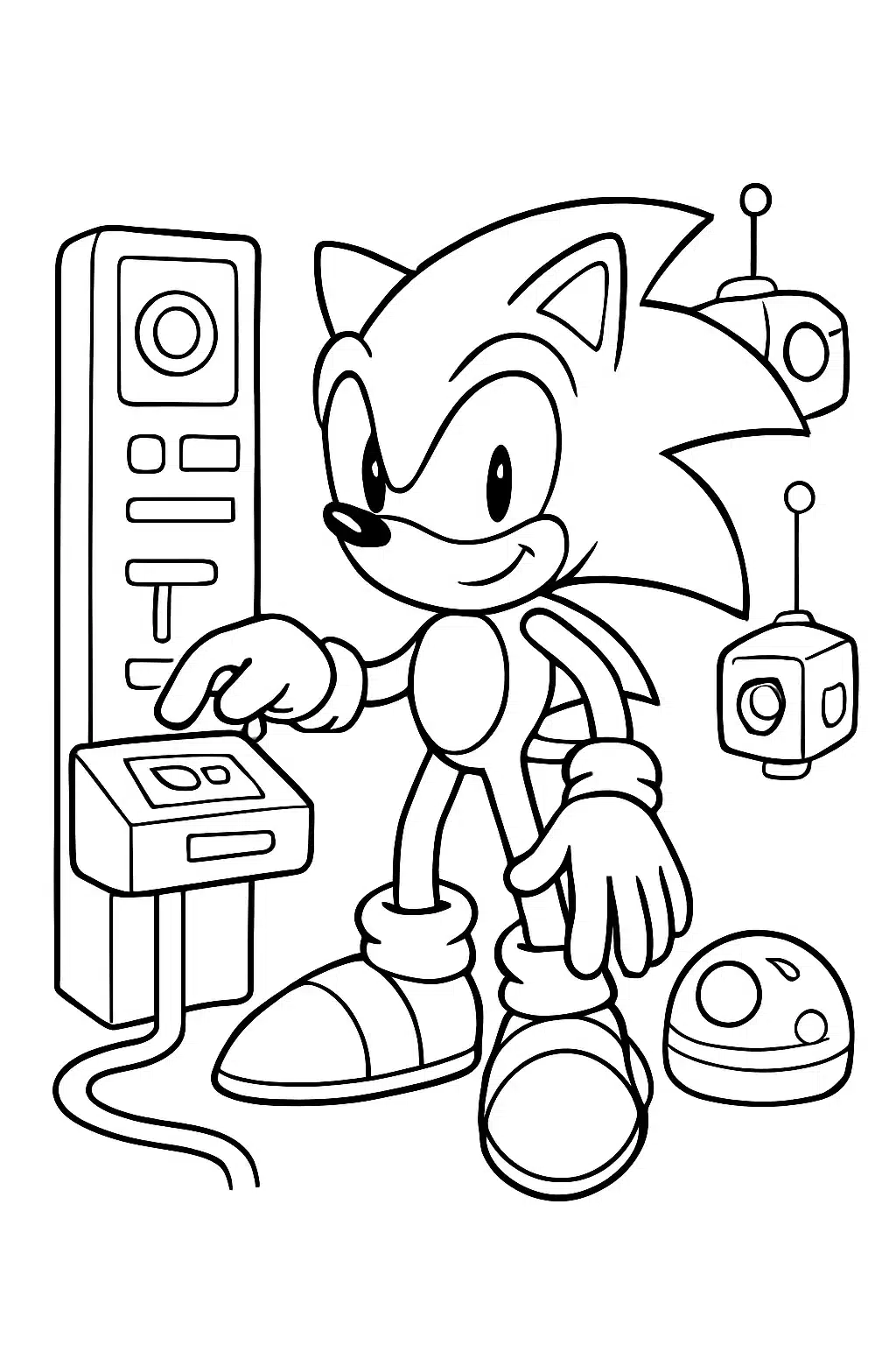 coloriage sonic interagissant avec des gadgets futuristes, page de coloriage en noir et blanc à contours épais.