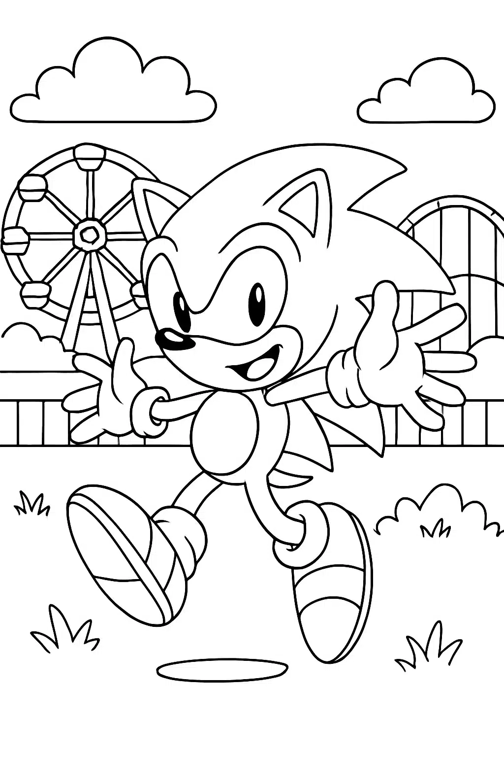 coloriage sonic s'amusant dans un parc d'attractions, page de coloriage en noir et blanc à contours épais.