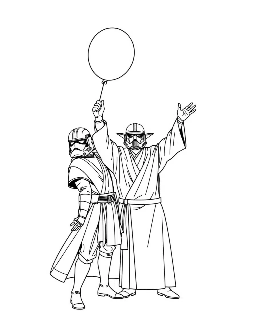 coloriage star wars Jedi célébrant une victoire, page de coloriage en noir et blanc à contours épais.