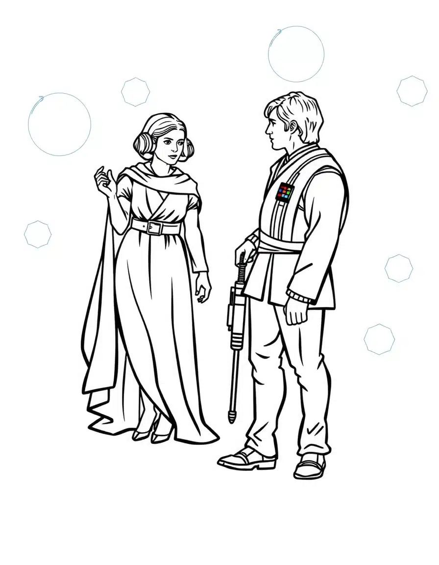 coloriage star wars de Leia et Han planifiant leur mission, page de coloriage en noir et blanc à contours épais.