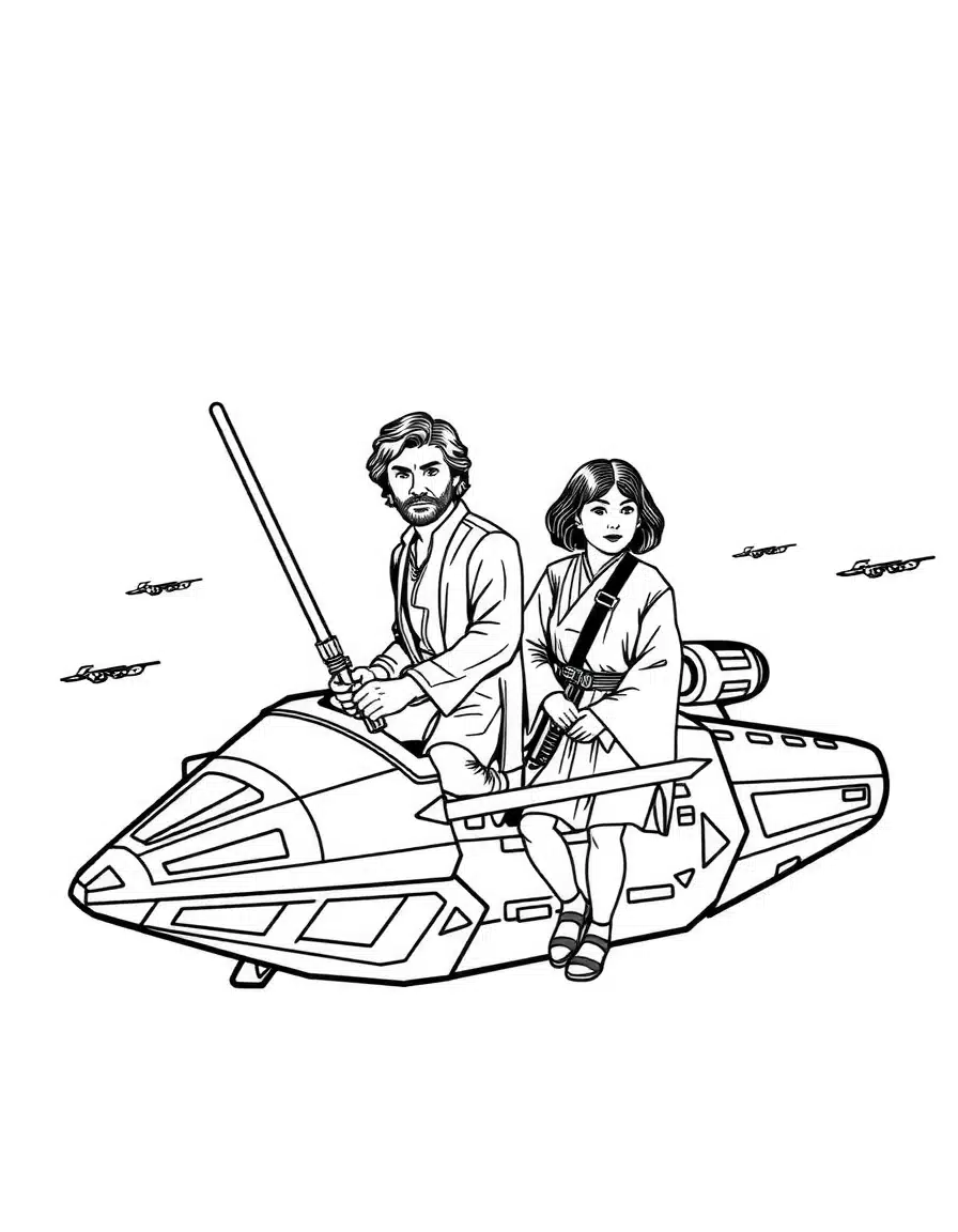 coloriage star wars de Luke et Leia s'échappant, page de coloriage en noir et blanc à contours épais.