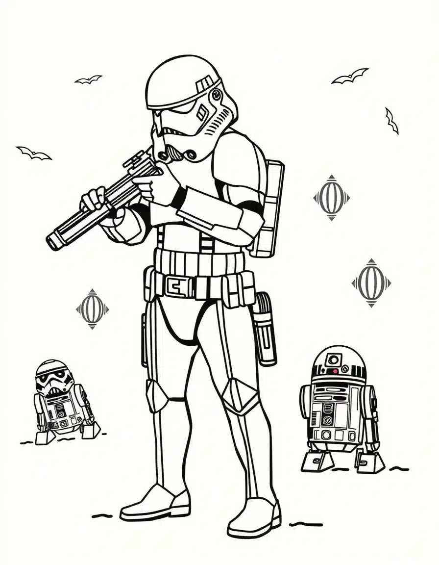 coloriage star wars d'un Stormtrooper à la chasse, page de coloriage en noir et blanc à contours épais.