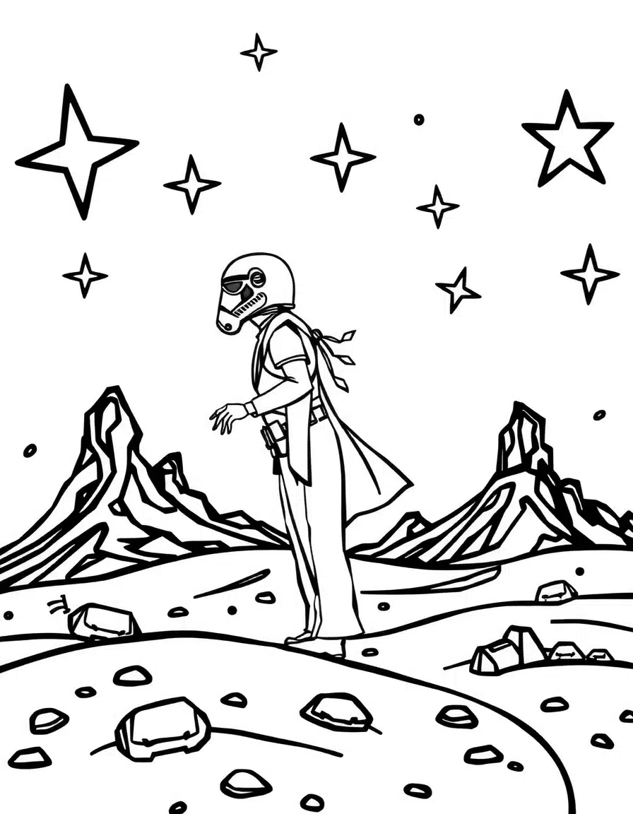 coloriage star wars ciel étoilé, page de coloriage en noir et blanc à contours épais.