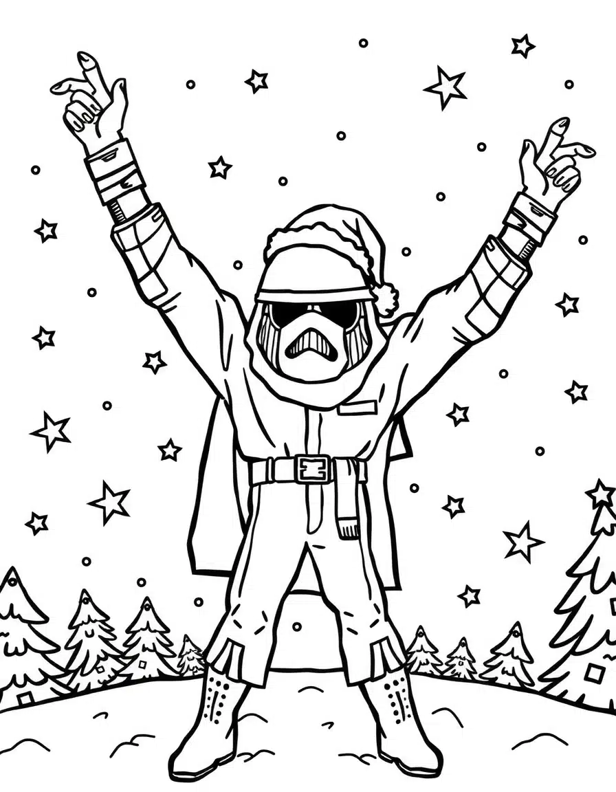 coloriage star wars, Rebelles célébrant leur victoire, page de coloriage en noir et blanc à contours épais.