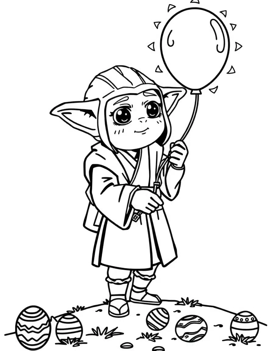 coloriage star wars avec des enfants Jedi cherchant des œufs, page de coloriage en noir et blanc à contours épais.