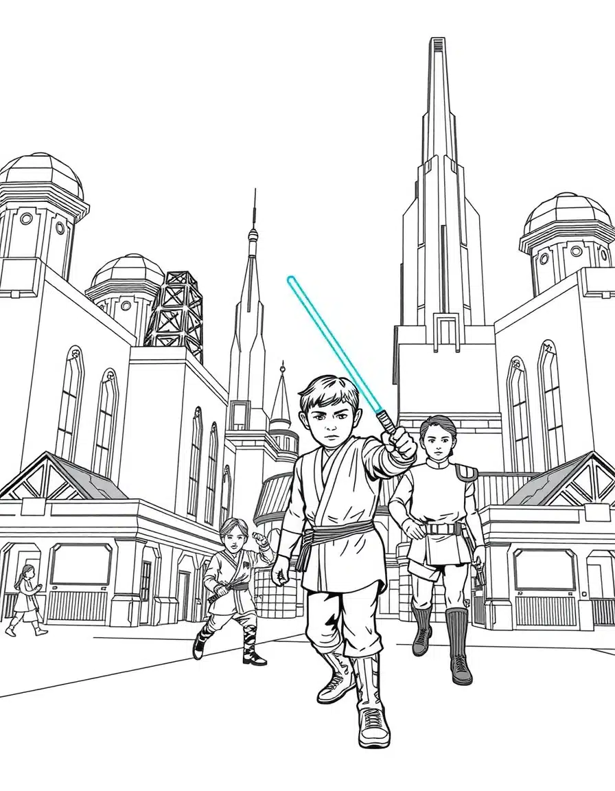 coloriage star wars jeunes Jedi s'entraînant, page de coloriage en noir et blanc à contours épais.