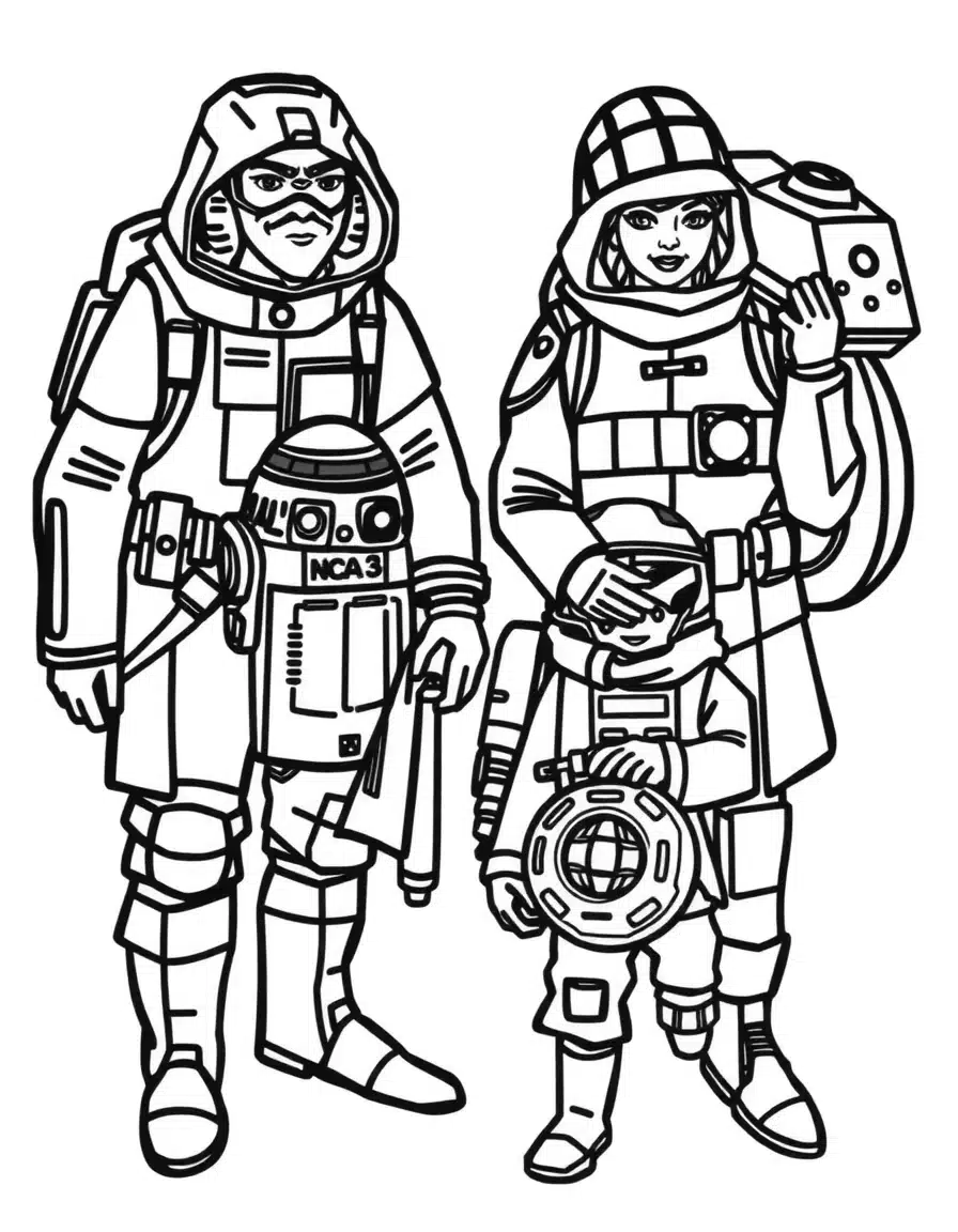 coloriage star wars avec des personnages explorant Hoth, page de coloriage en noir et blanc à contours épais.
