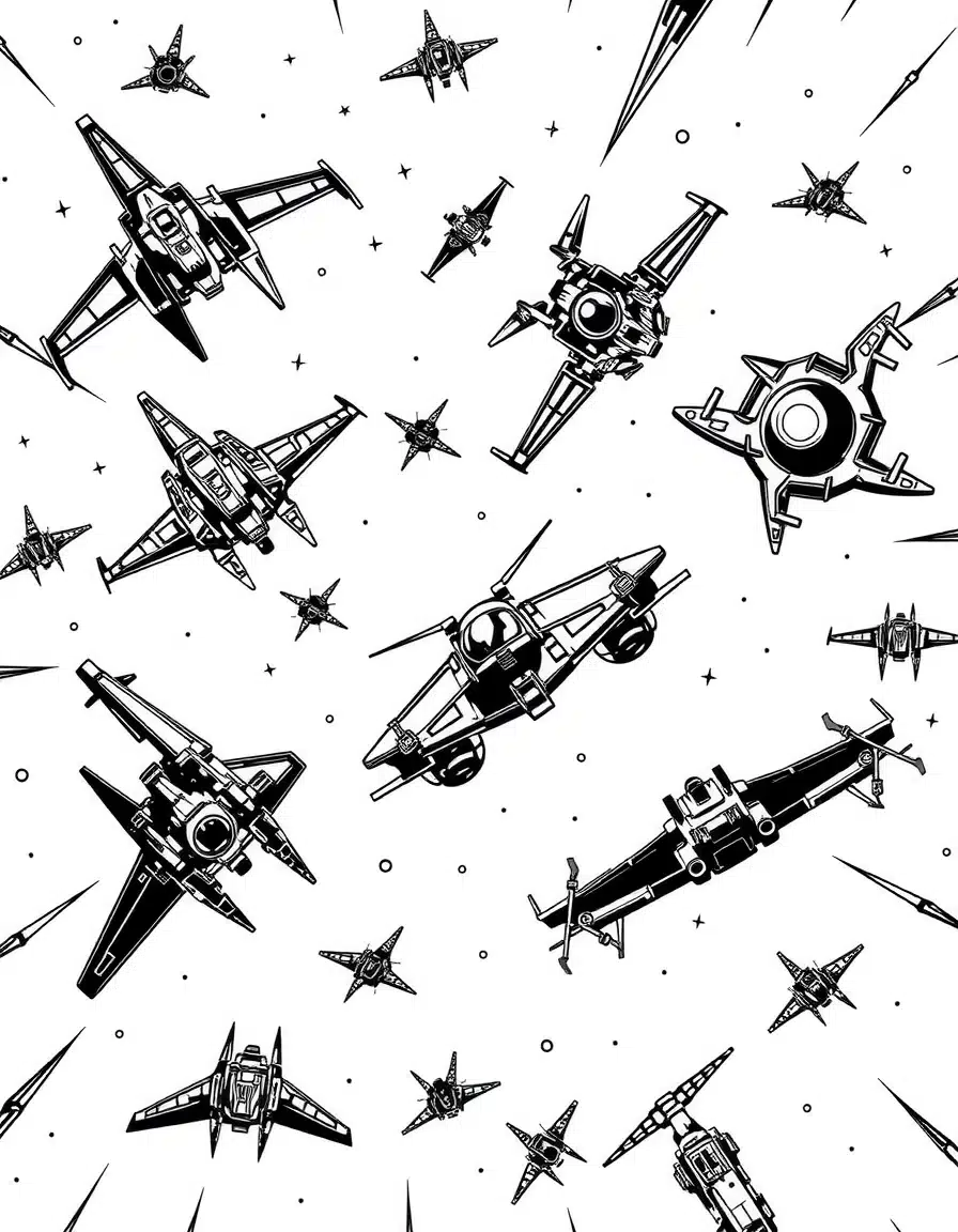 coloriage star wars avec vaisseaux spatiaux en bataille, page de coloriage en noir et blanc à contours épais.