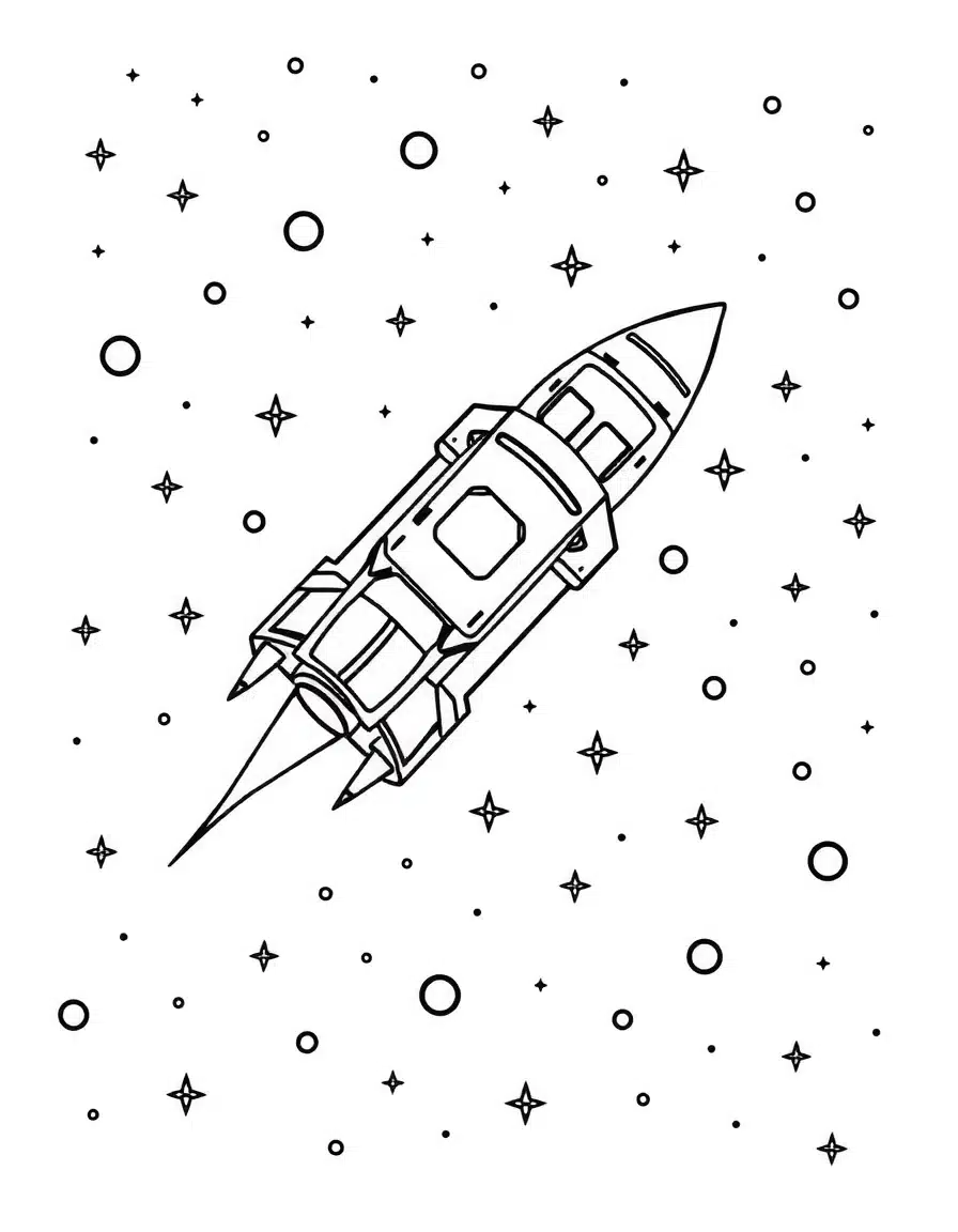 coloriage star wars vaisseau en voyage, page de coloriage en noir et blanc à contours épais.