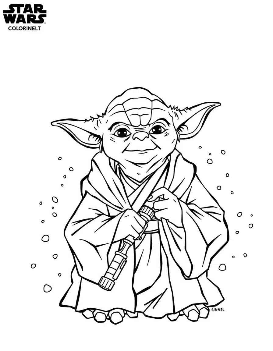 coloriage star wars Yoda transmettant son savoir, page de coloriage en noir et blanc à contours épais.