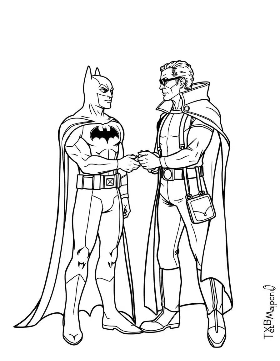 coloriage batman avec Alfred qui remet un accessoire, page de coloriage en noir et blanc à contours épais.