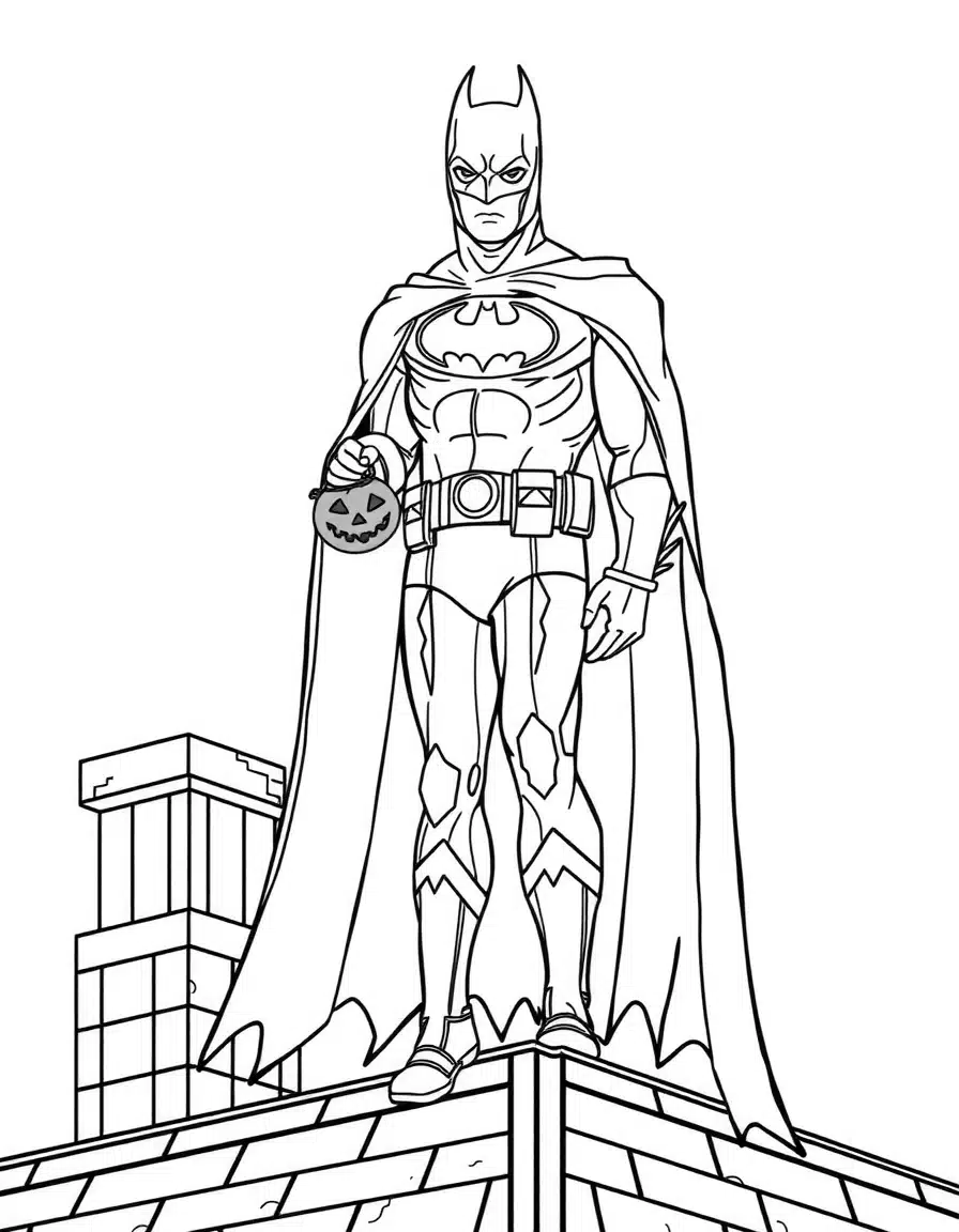 coloriage batman déguisé pour Halloween sur le toit, page de coloriage en noir et blanc à contours épais.