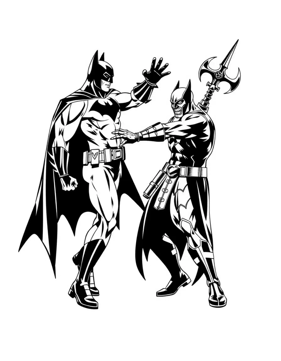 coloriage batman et bane en duel, page de coloriage en noir et blanc à contours épais.