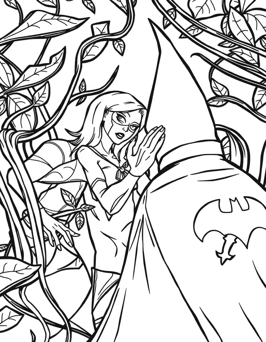 coloriage batman face à Poison Ivy, page de coloriage en noir et blanc à contours épais.