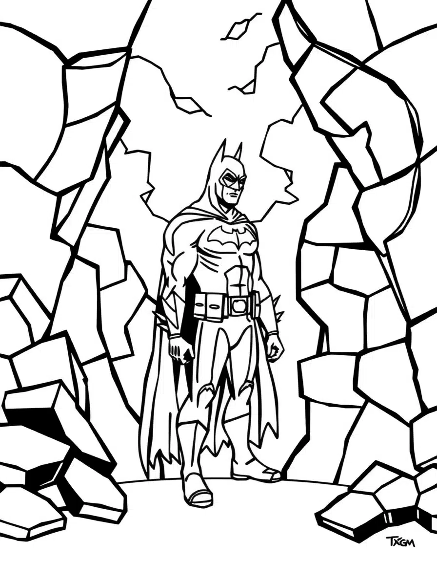 coloriage batman devant un piège du Pingouin, page de coloriage en noir et blanc à contours épais.