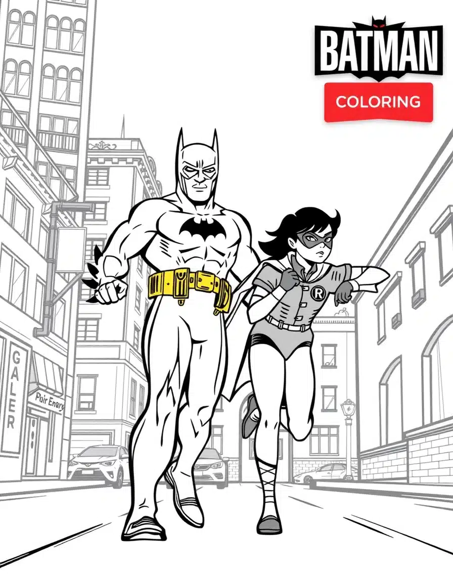 coloriage batman et robin patrouillant dans Gotham, page de coloriage en noir et blanc à contours épais.