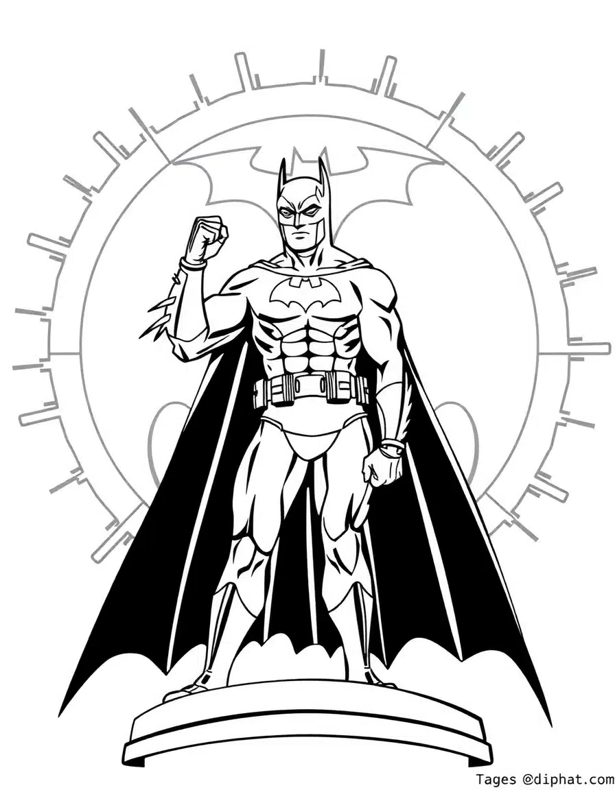 coloriage batman en pose héroïque devant le Bat-Signal, page de coloriage en noir et blanc à contours épais.