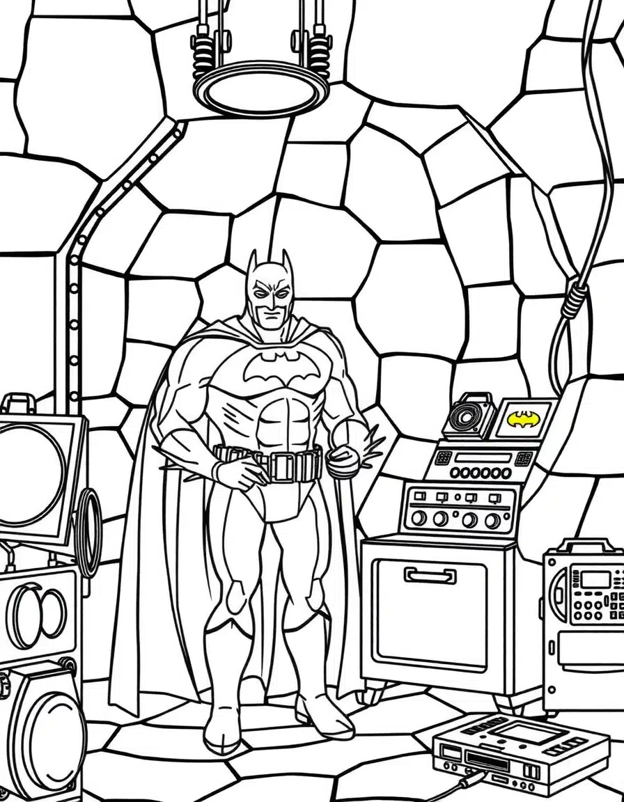 coloriage batman préparant ses gadgets, page de coloriage en noir et blanc à contours épais.