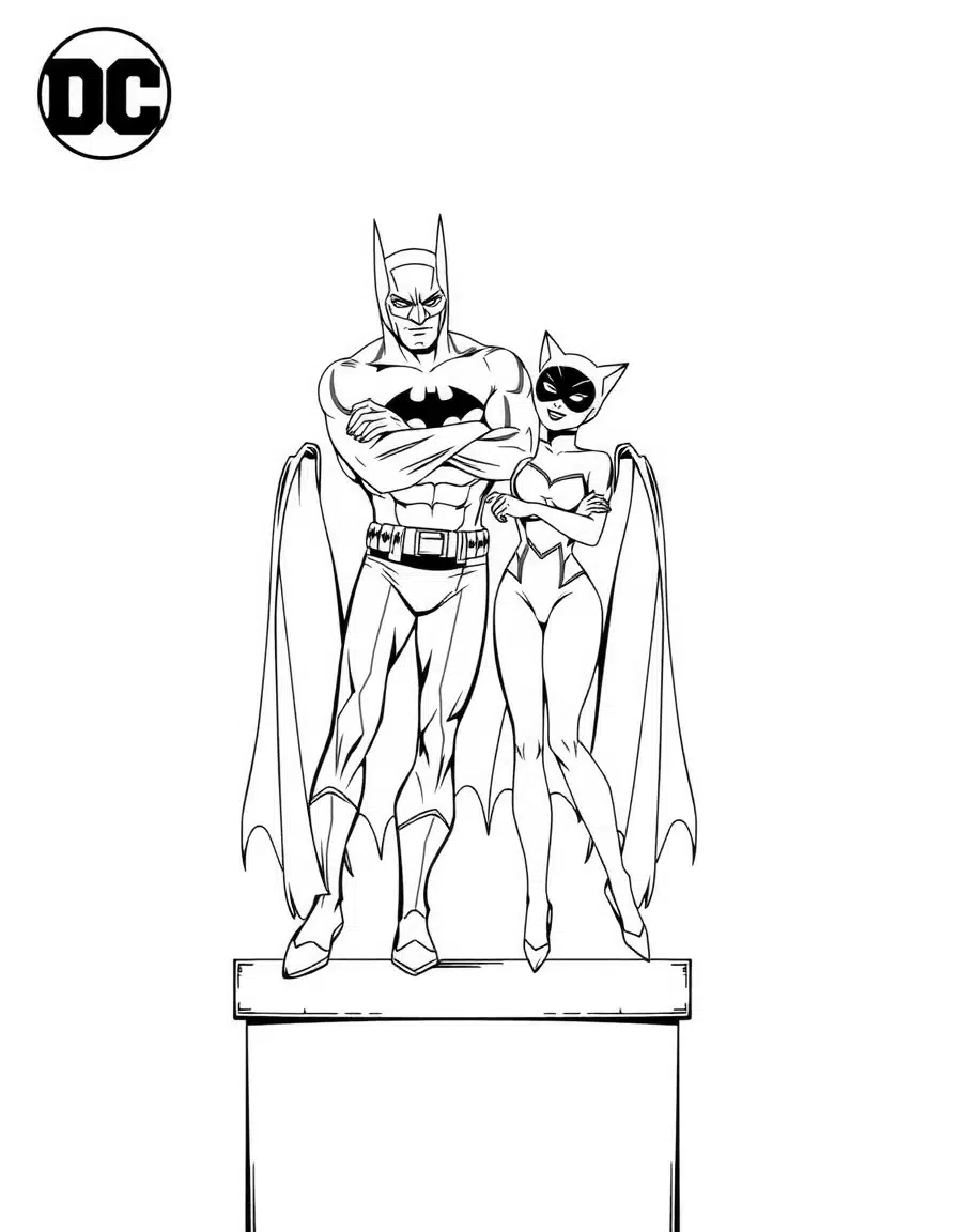 coloriage batman et Catwoman sur un toit, page de coloriage en noir et blanc à contours épais.