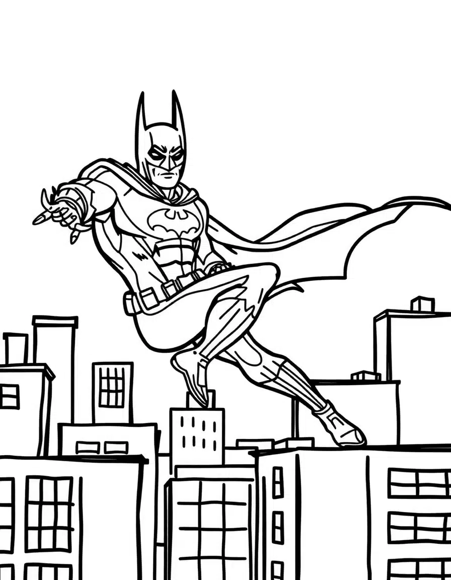 coloriage batman sautant entre les toits, page de coloriage en noir et blanc à contours épais.