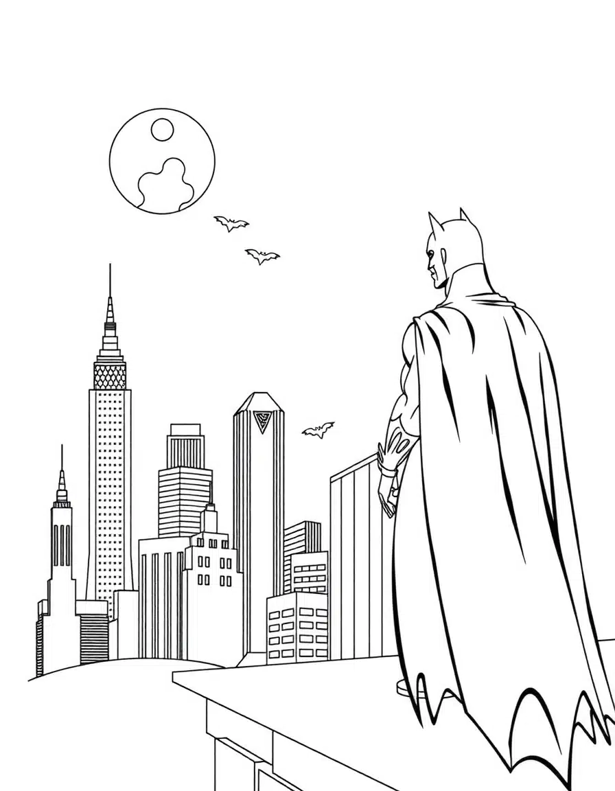 coloriage batman surplombant Gotham paisiblement, page de coloriage en noir et blanc à contours épais.