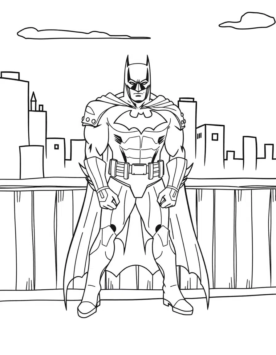 coloriage batman surveillant Gotham, page de coloriage en noir et blanc à contours épais.