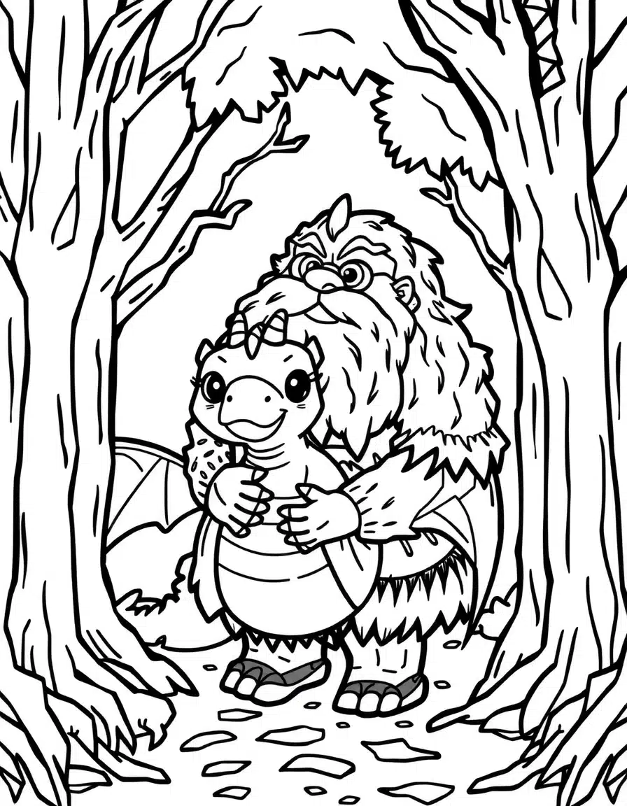 coloriage de harry potter avec Hagrid tenant un bébé dragon, page de coloriage en noir et blanc à contours épais.