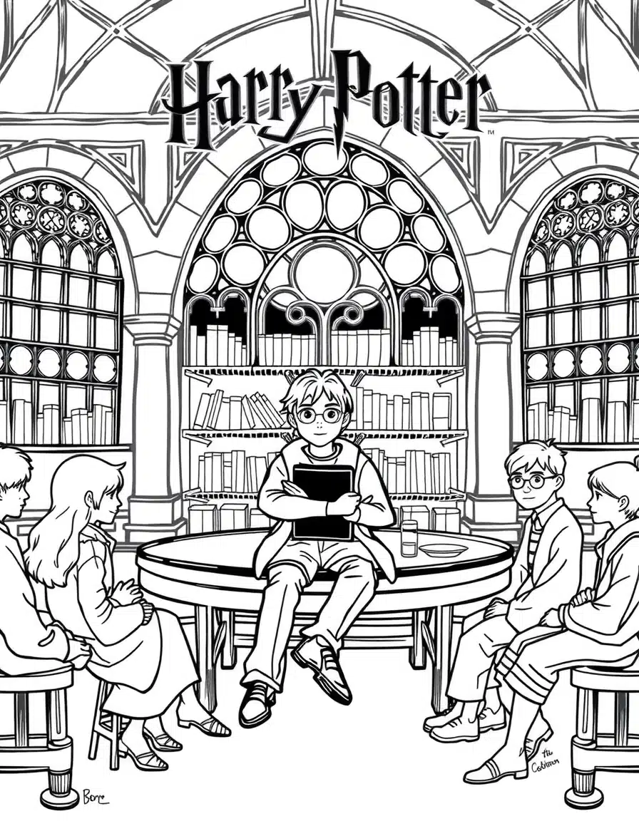 coloriage de harry potter assis avec ses amis, page de coloriage en noir et blanc à contours épais.