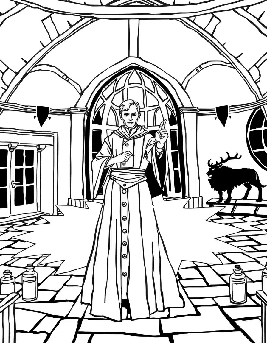 coloriage de harry potter avec Voldemort lançant un sort, page de coloriage en noir et blanc à contours épais.