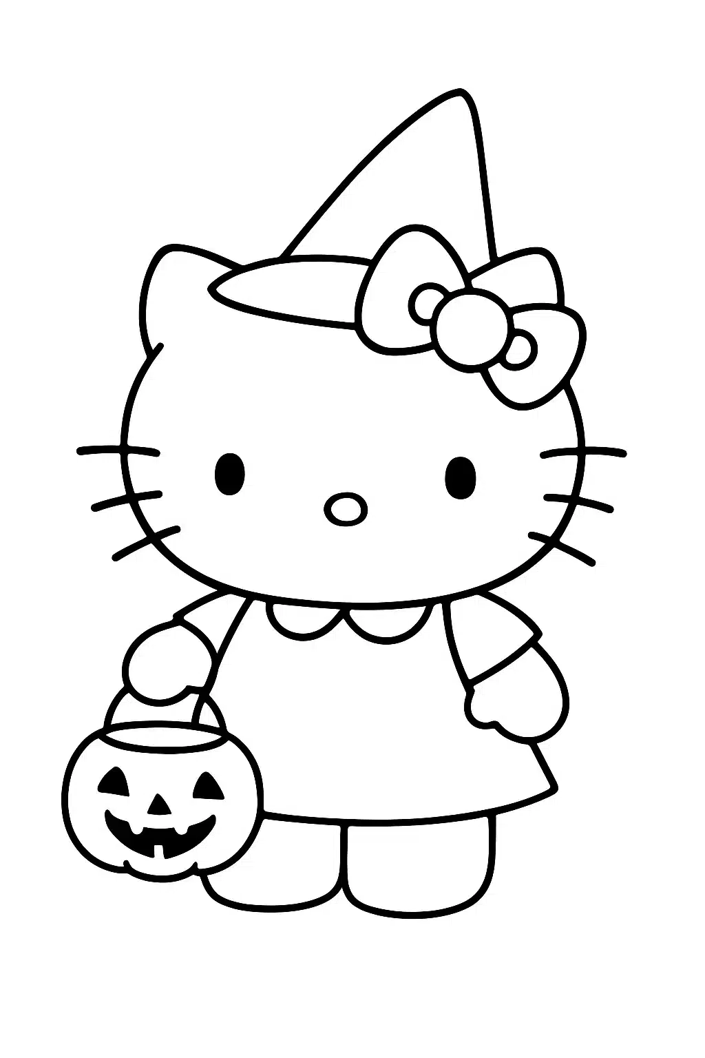 coloriage hello kitty déguisée pour Halloween, page de coloriage en noir et blanc à contours épais.
