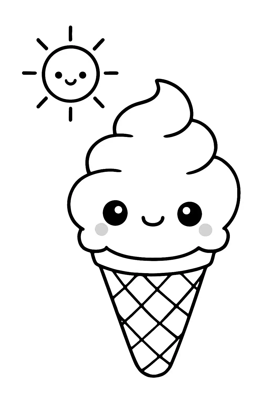 coloriage de kawaii glace souriante avec un soleil, page de coloriage en noir et blanc à contours épais.