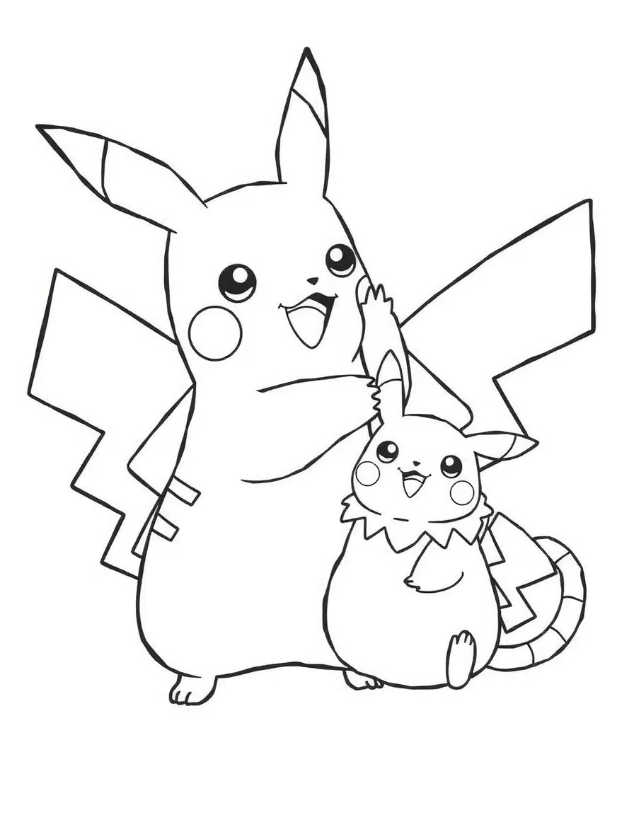 coloriage de pokemon avec Pikachu se câlinant, page de coloriage en noir et blanc à contours épais.