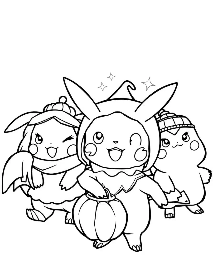 coloriage de pokemon en costumes amusants, page de coloriage en noir et blanc à contours épais.