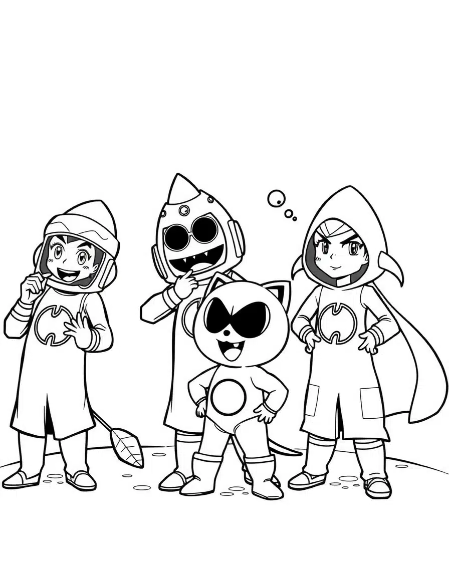 coloriage de pokemon avec Team Rocket planifiant une évasion, page de coloriage en noir et blanc à contours épais.