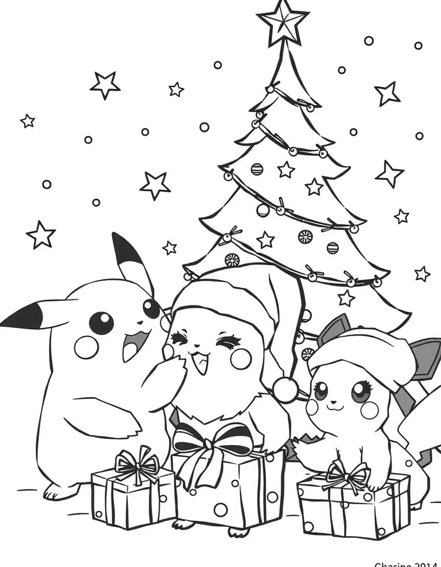 coloriage de pokemon célébrant Noël autour d'un sapin, page de coloriage en noir et blanc à contours épais.