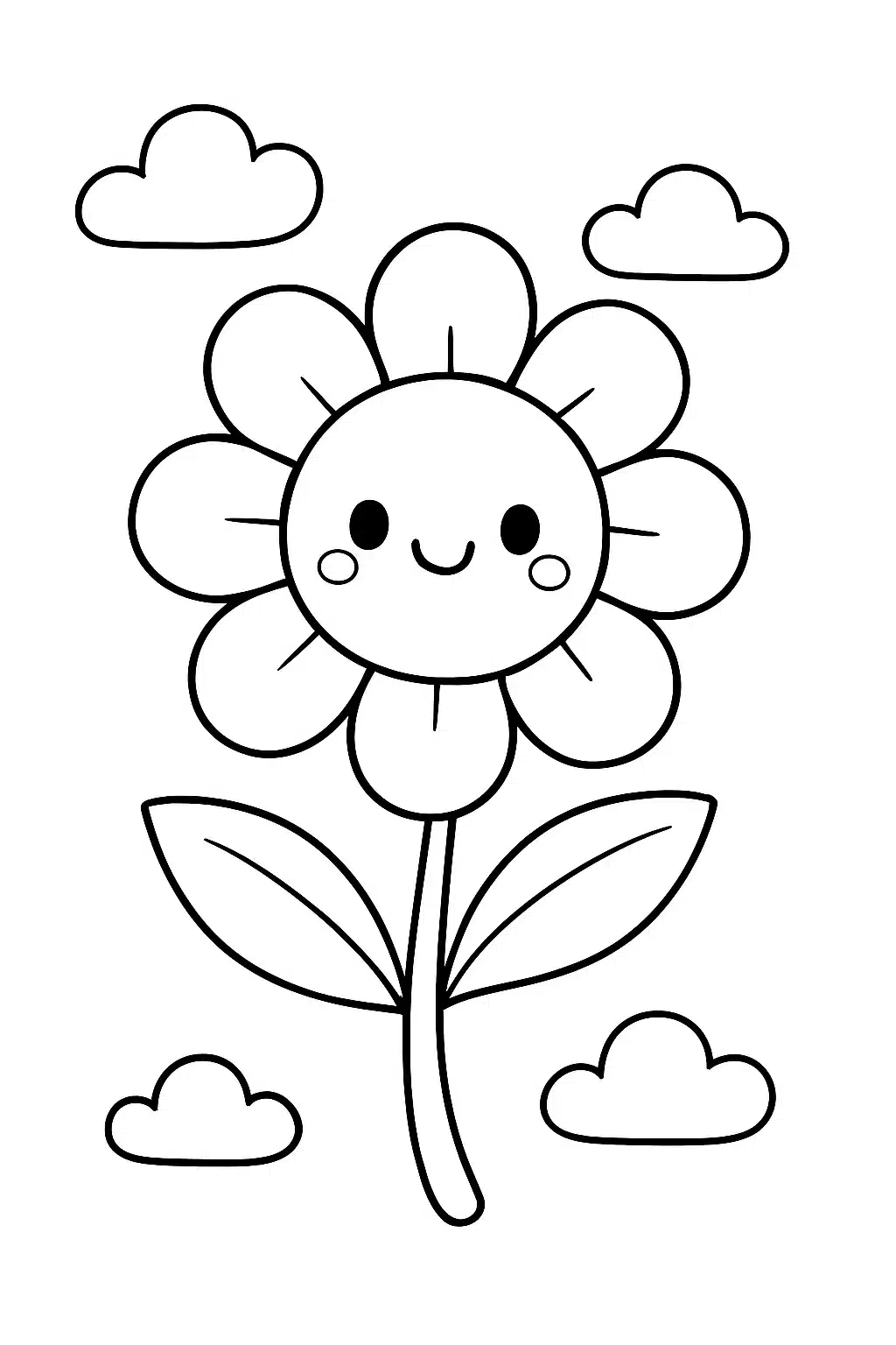 coloriage de kawaii fleur souriante flottant, page de coloriage en noir et blanc à contours épais.